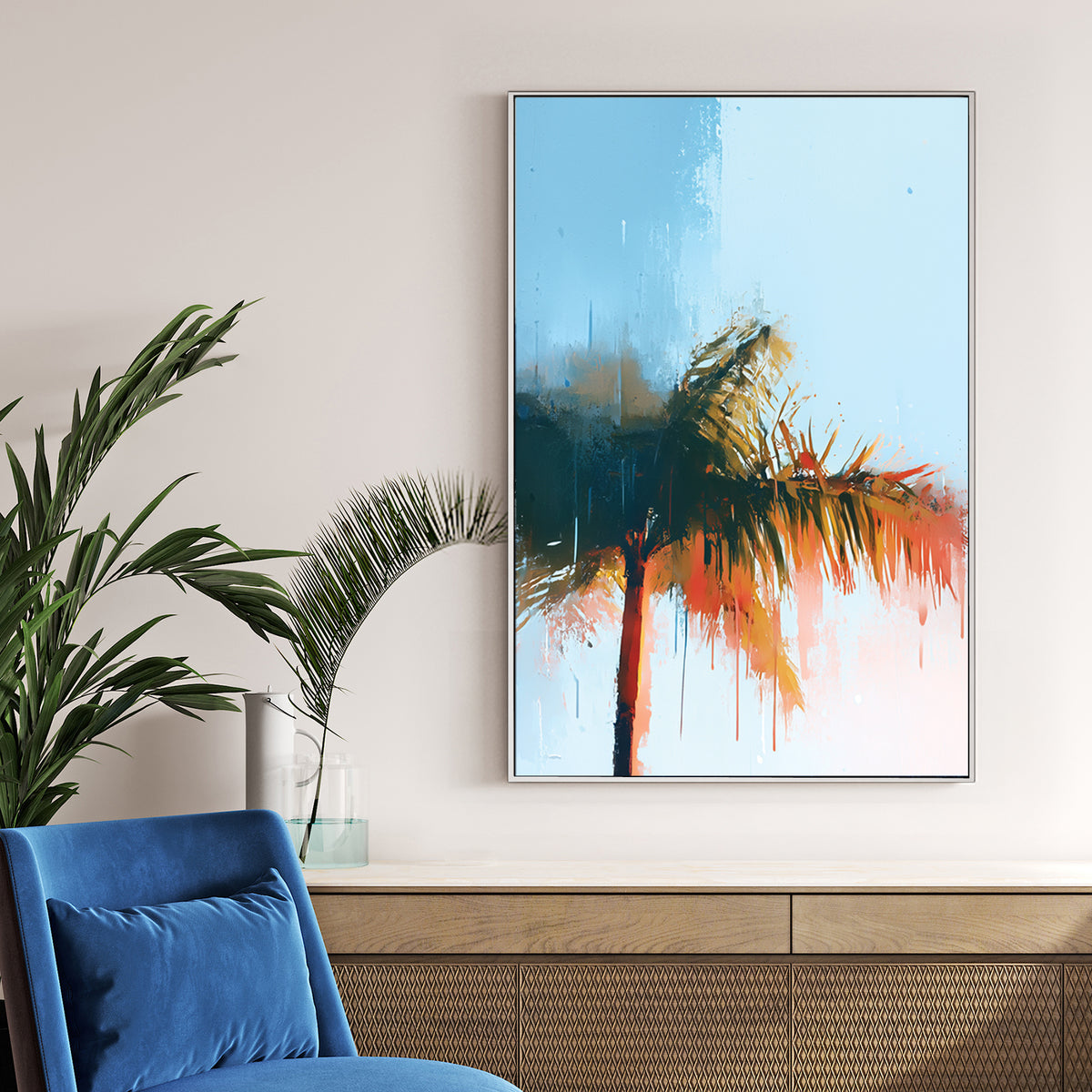 abstract palm tree with blue sky and sunlit brushstrokes in tropical tones
