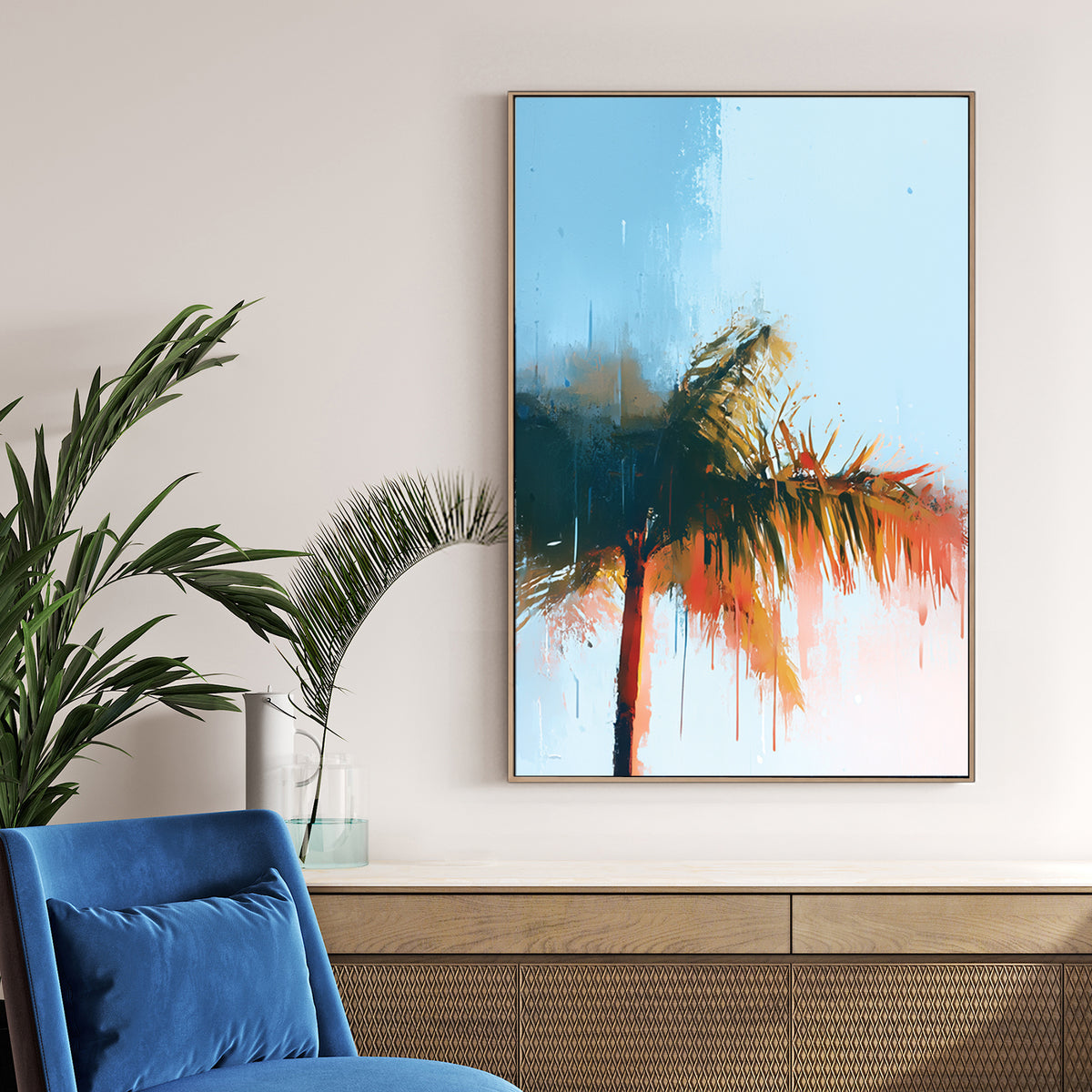 abstract palm tree with blue sky and sunlit brushstrokes in tropical tones