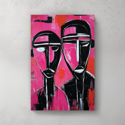 abstract portrait of two black and white figures on vivid pink and red background