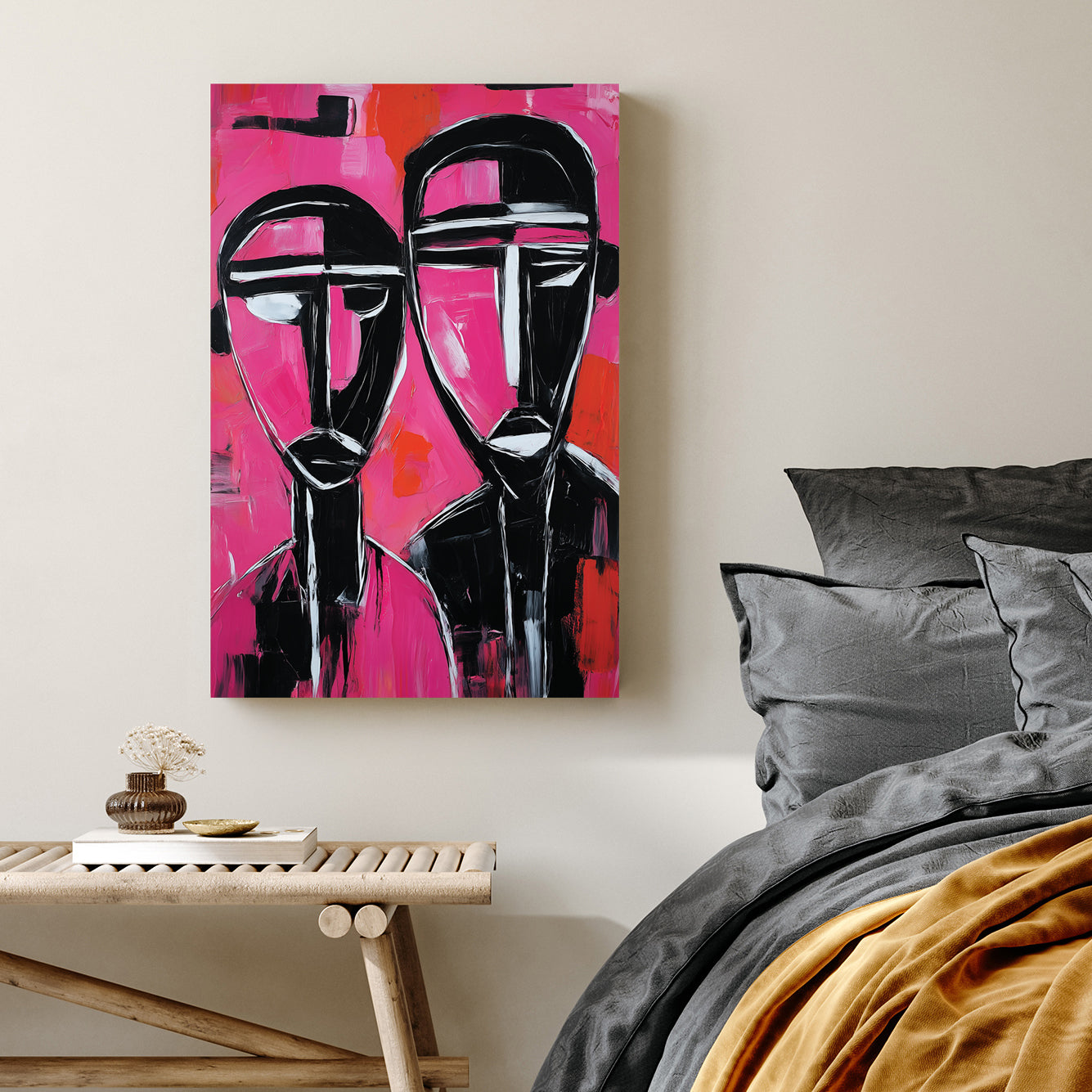 abstract portrait of two black and white figures on vivid pink and red background