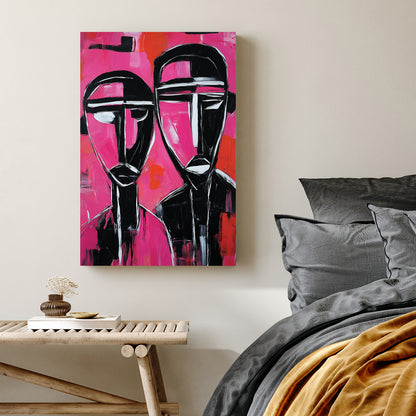 abstract portrait of two black and white figures on vivid pink and red background