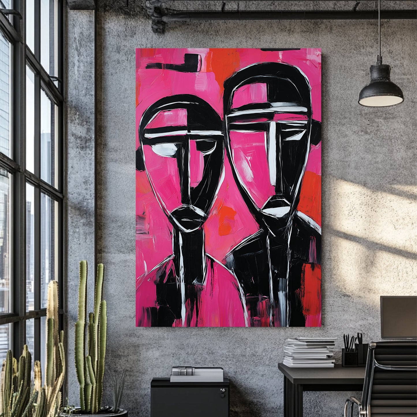 abstract portrait of two black and white figures on vivid pink and red background