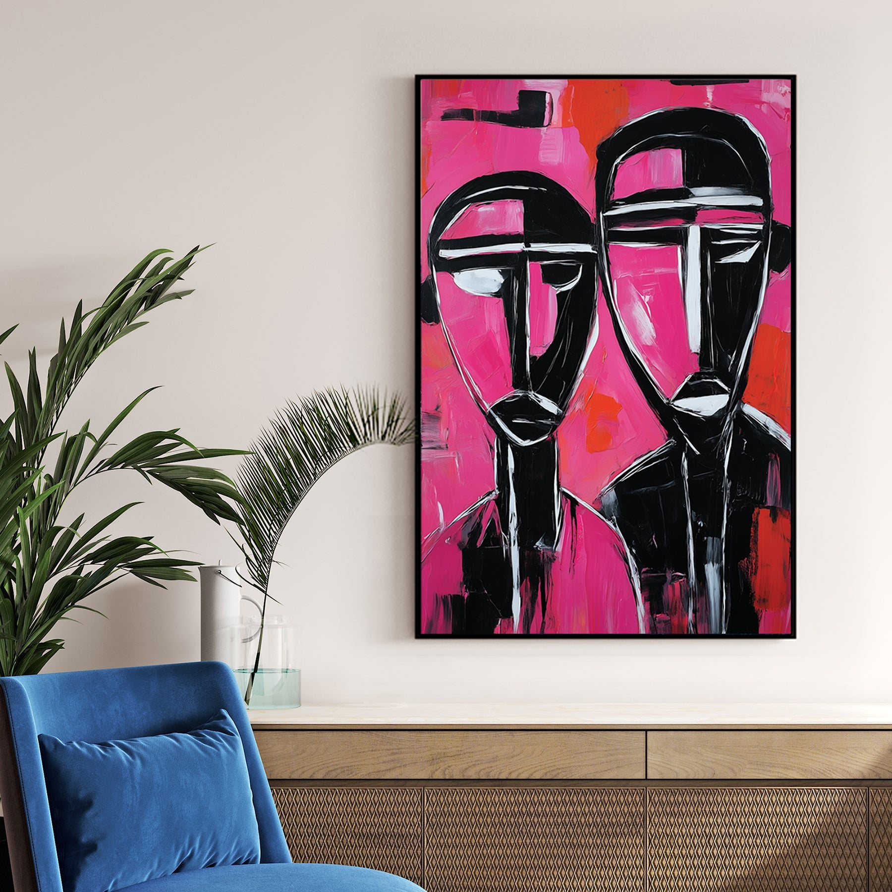 abstract portrait of two black and white figures on vivid pink and red background