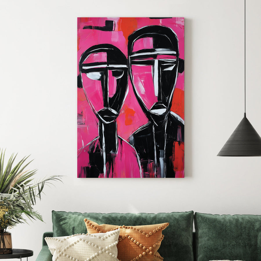 abstract portrait of two black and white figures on vivid pink and red background