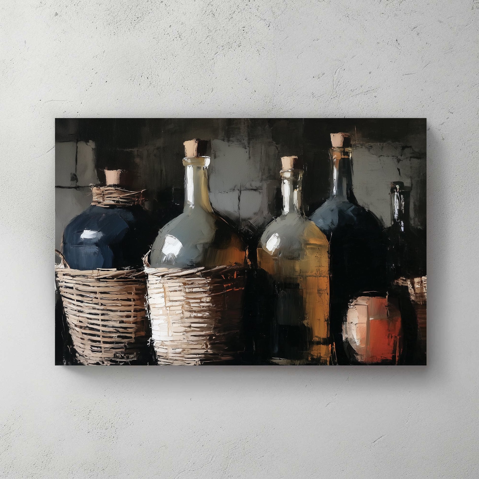 still life painting of wicker-wrapped wine bottles and clay jug in rustic setting