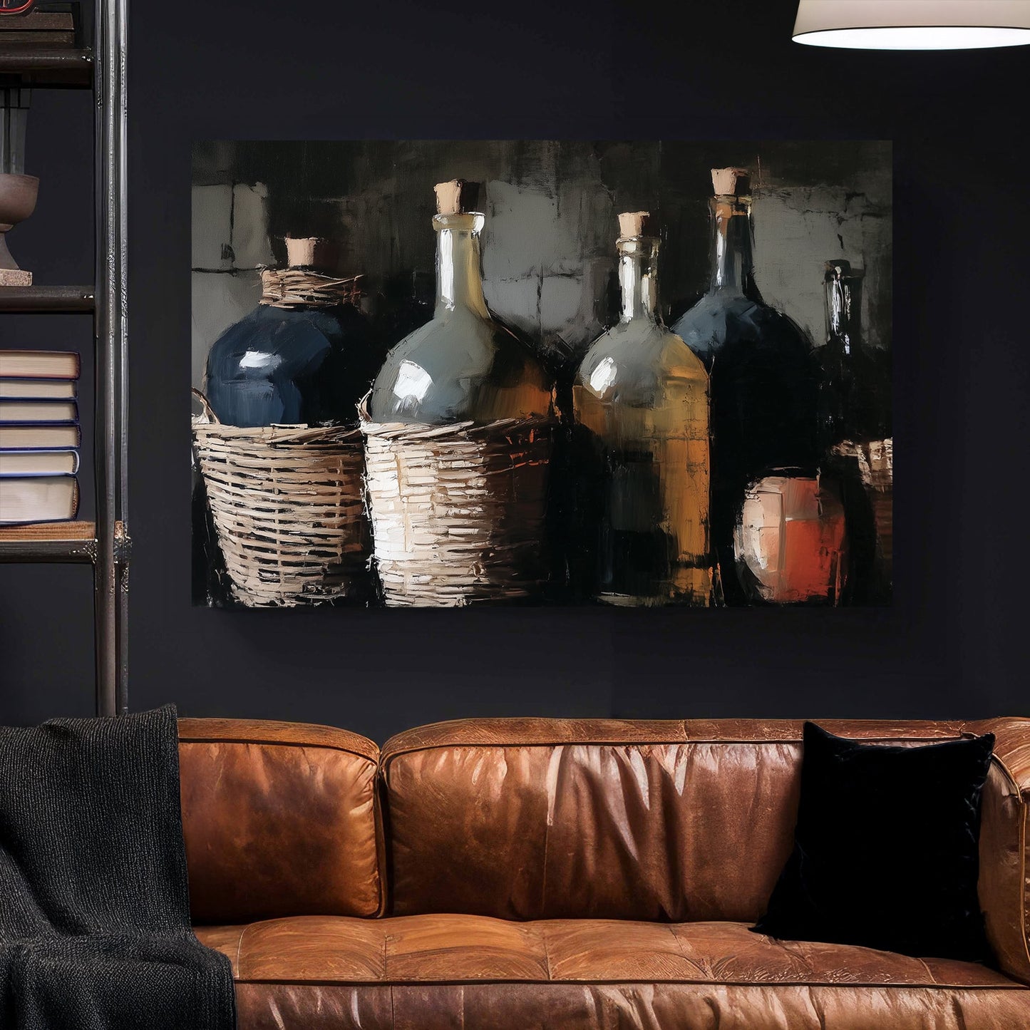 still life painting of wicker-wrapped wine bottles and clay jug in rustic setting