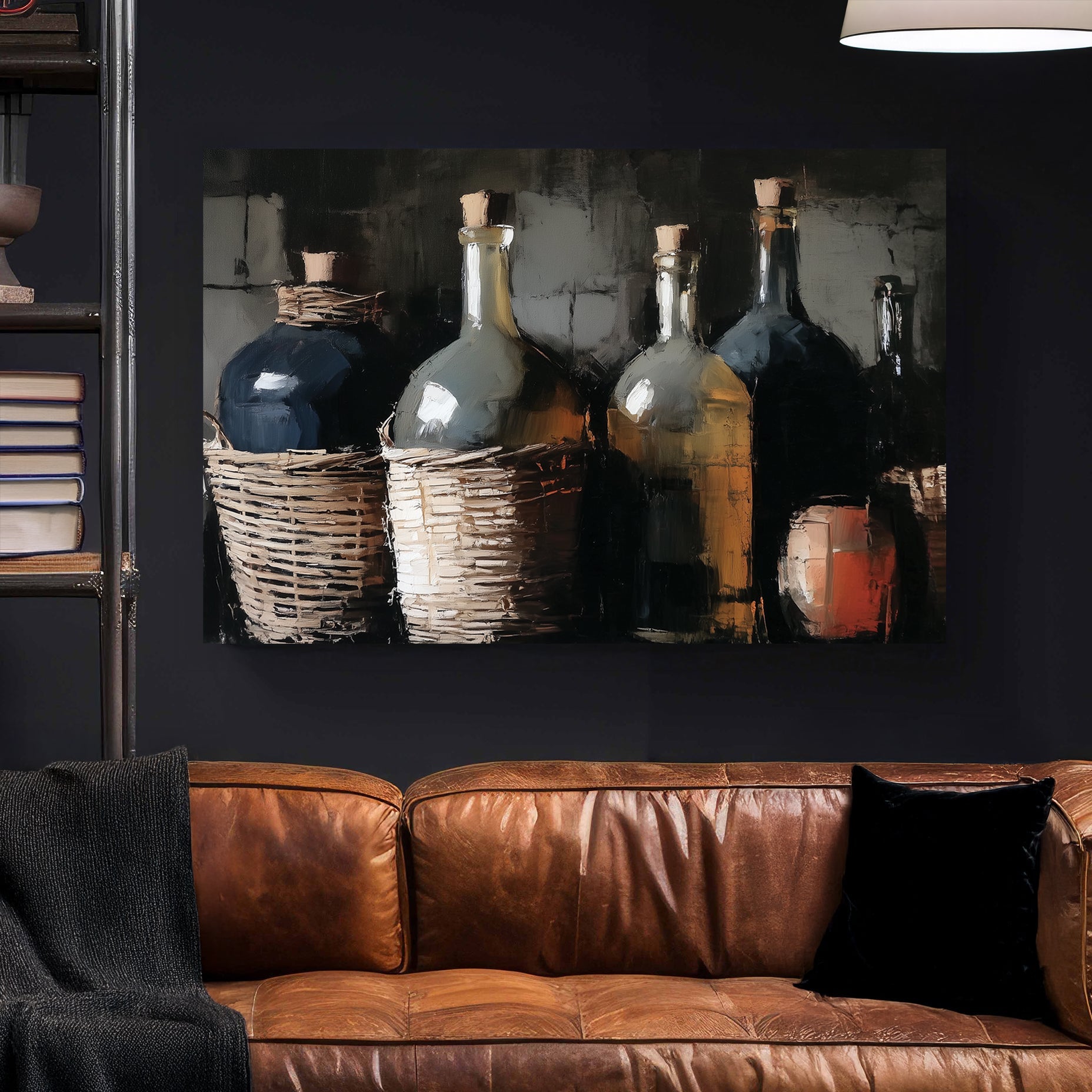 still life painting of wicker-wrapped wine bottles and clay jug in rustic setting