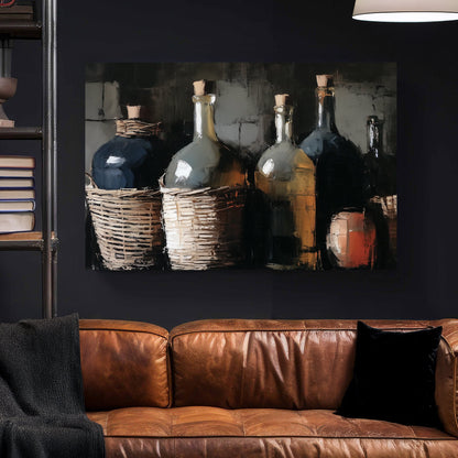 still life painting of wicker-wrapped wine bottles and clay jug in rustic setting