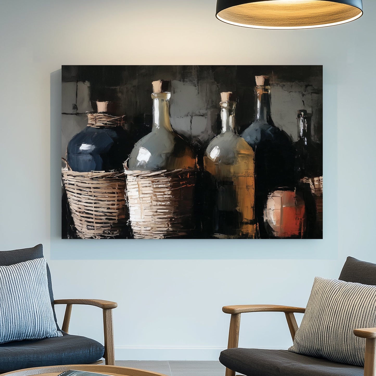 still life painting of wicker-wrapped wine bottles and clay jug in rustic setting