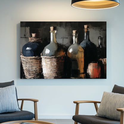 still life painting of wicker-wrapped wine bottles and clay jug in rustic setting