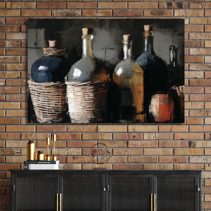 still life painting of wicker-wrapped wine bottles and clay jug in rustic setting