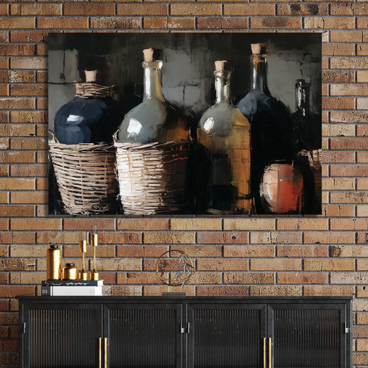 still life painting of wicker-wrapped wine bottles and clay jug in rustic setting