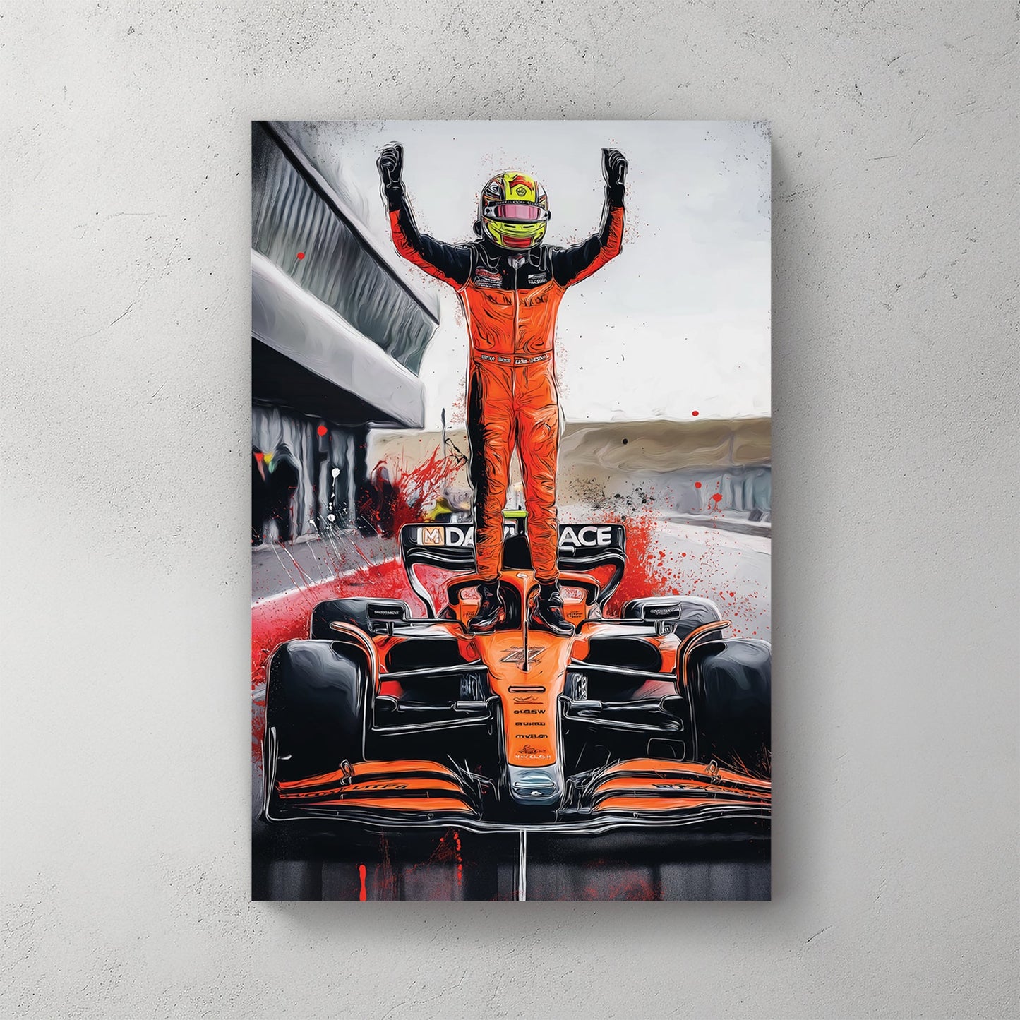 artwork of oscar piastri standing on mclaren f1 car in victory pose