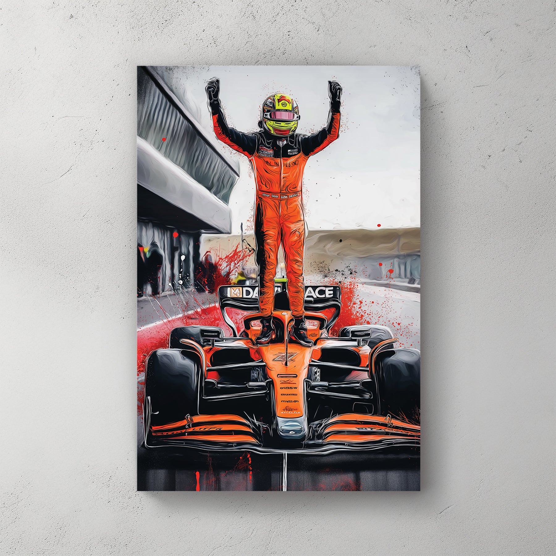 artwork of oscar piastri standing on mclaren f1 car in victory pose