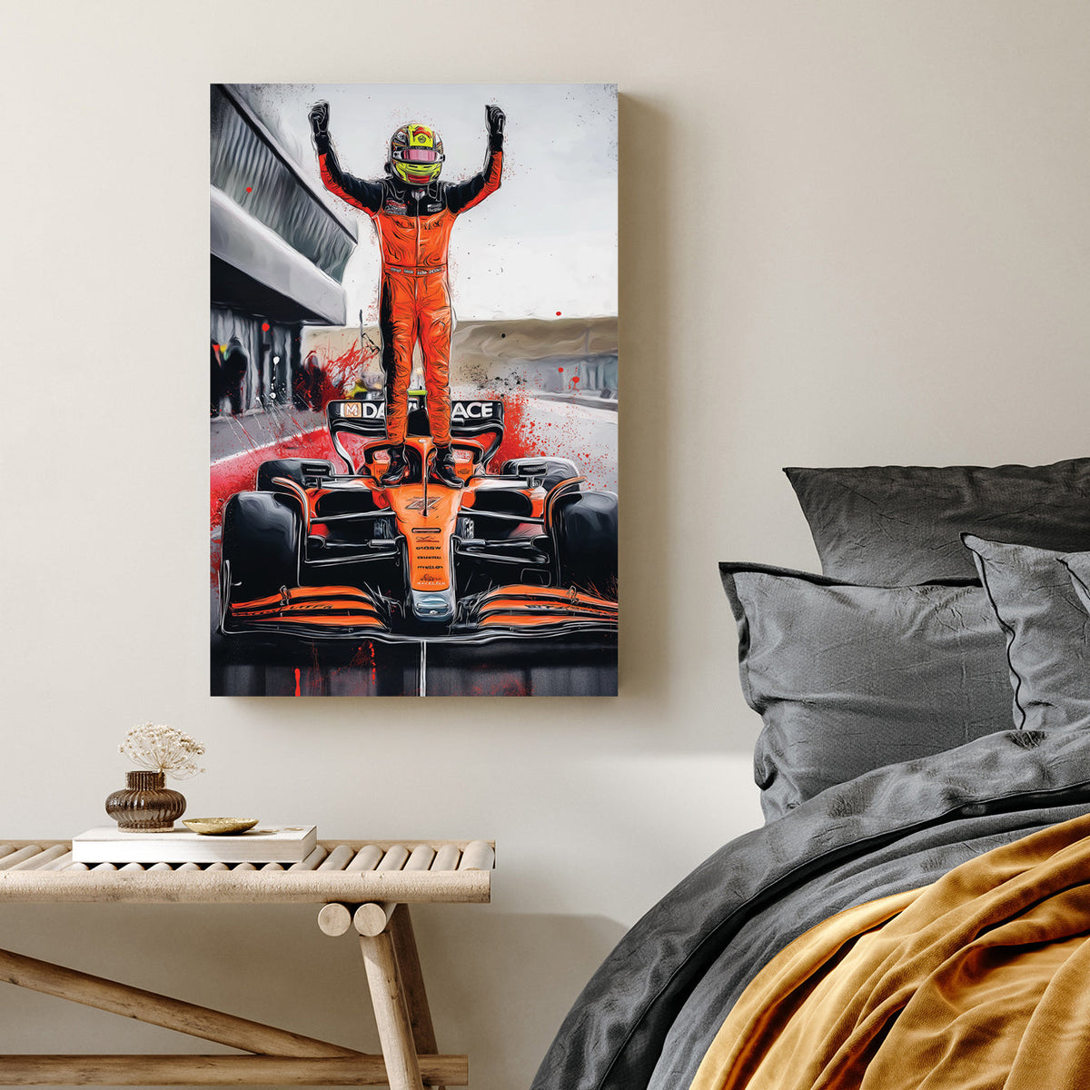 artwork of oscar piastri standing on mclaren f1 car in victory pose