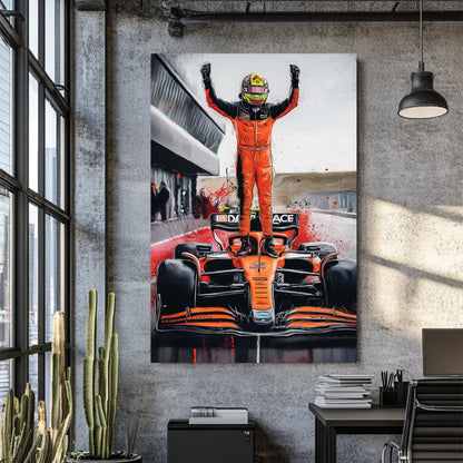 artwork of oscar piastri standing on mclaren f1 car in victory pose