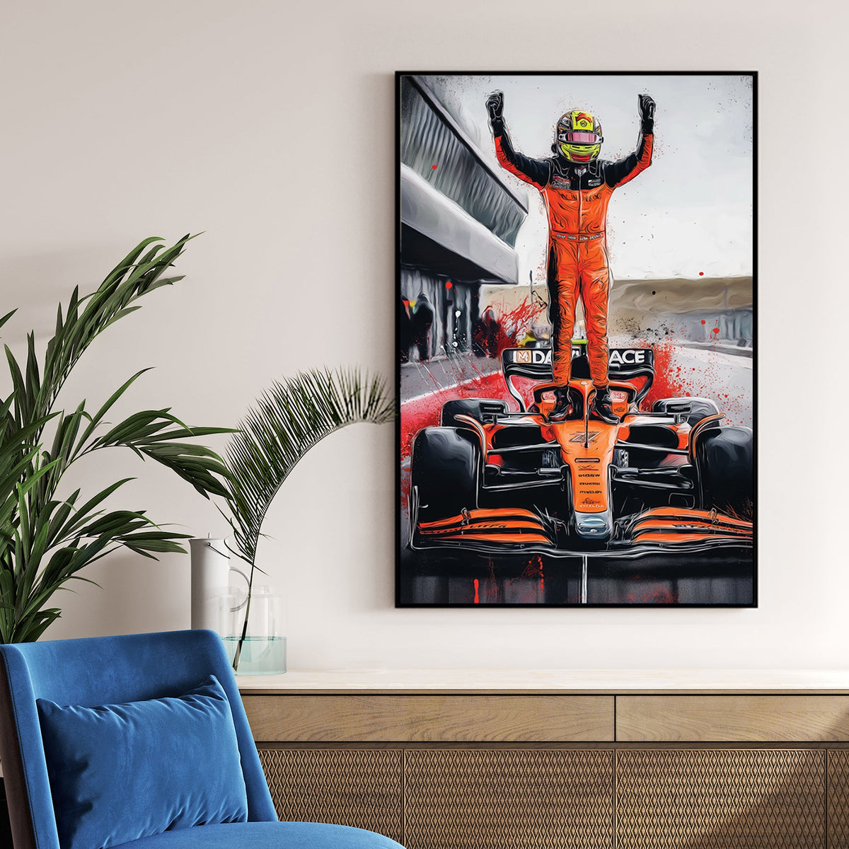 artwork of oscar piastri standing on mclaren f1 car in victory pose