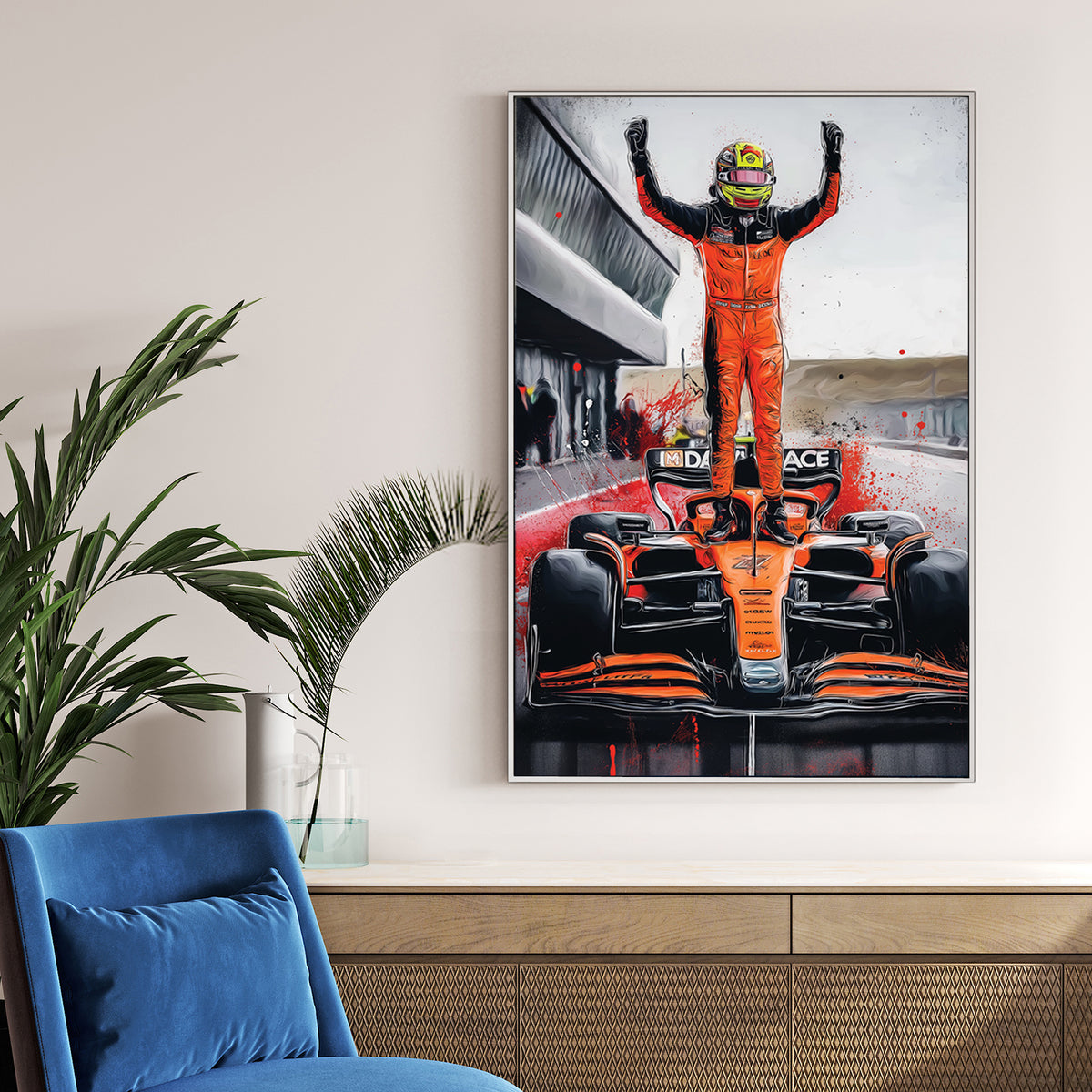 artwork of oscar piastri standing on mclaren f1 car in victory pose