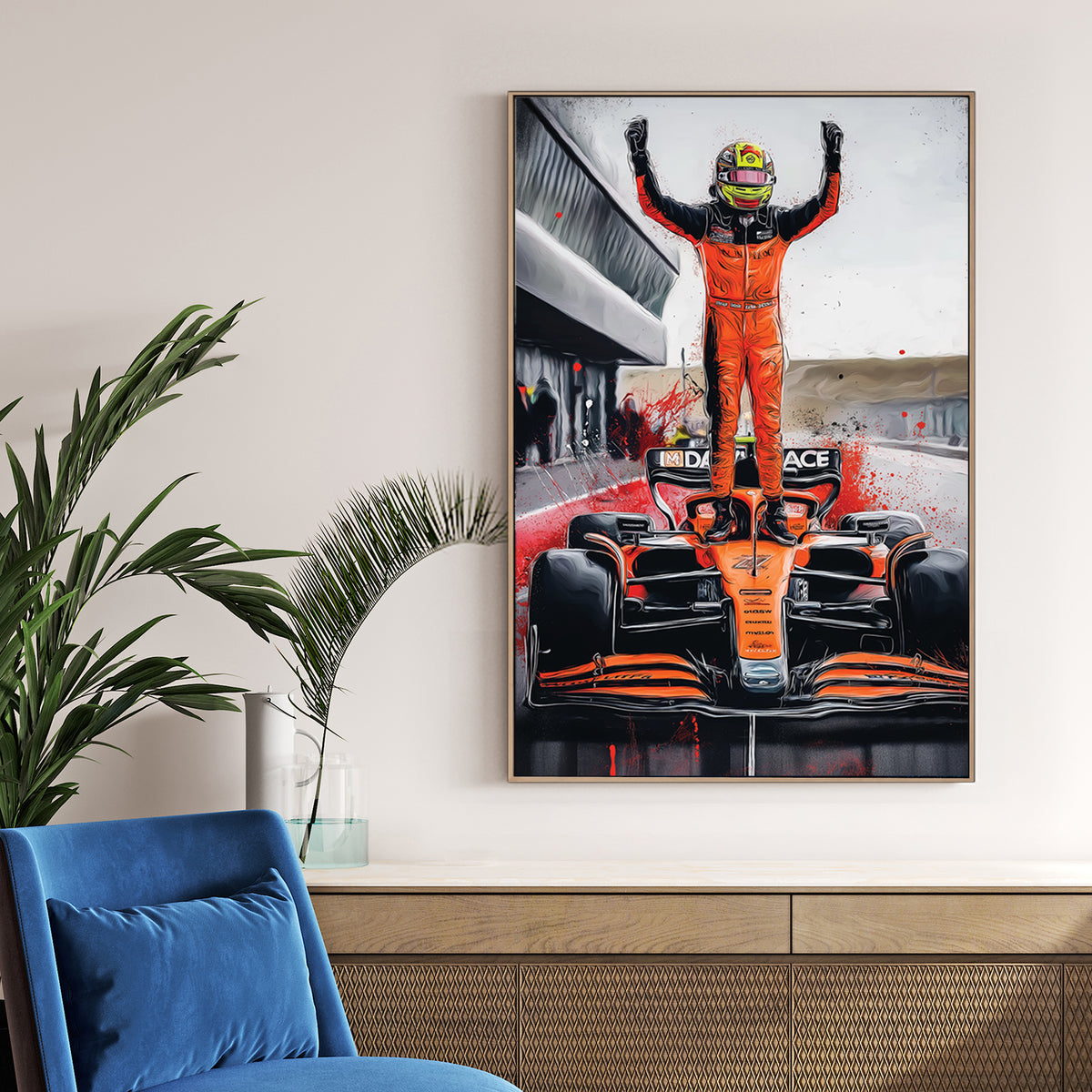 artwork of oscar piastri standing on mclaren f1 car in victory pose