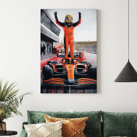 artwork of oscar piastri standing on mclaren f1 car in victory pose
