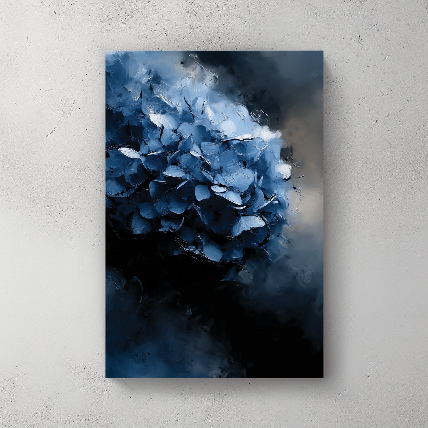 abstract oil painting of dark blue hydrangea flower on moody background