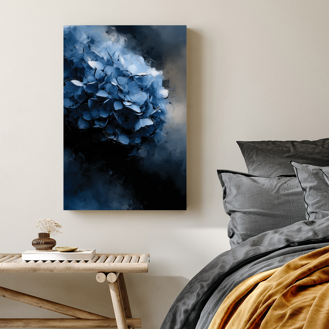 abstract oil painting of dark blue hydrangea flower on moody background