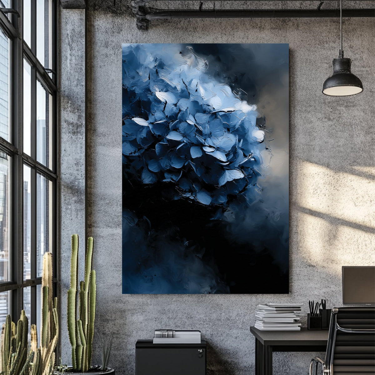 abstract oil painting of dark blue hydrangea flower on moody background