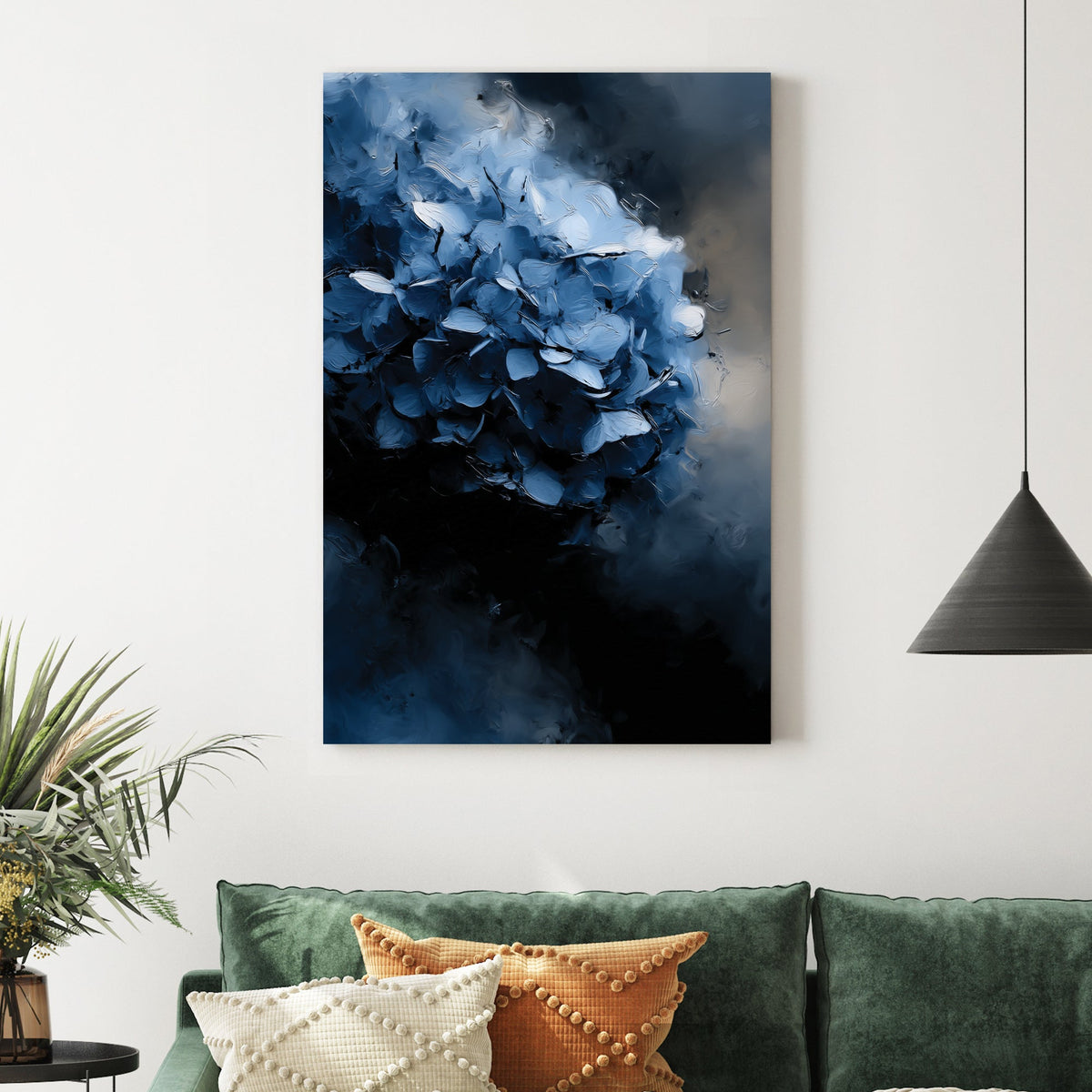 abstract oil painting of dark blue hydrangea flower on moody background