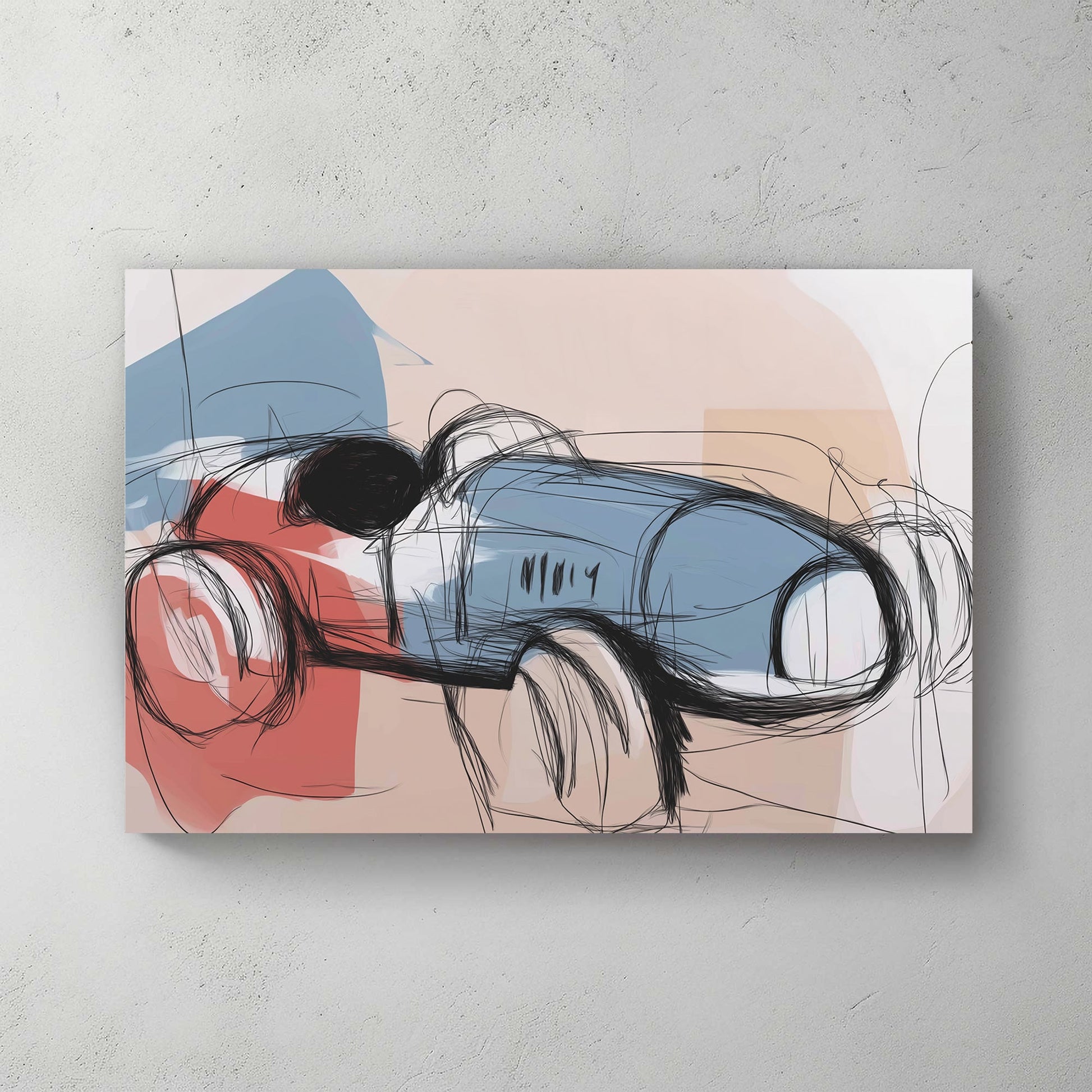 abstract sketch of a vintage blue and red race car on soft beige background