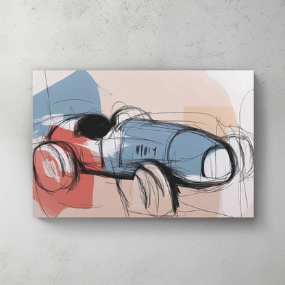 abstract sketch of a vintage blue and red race car on soft beige background