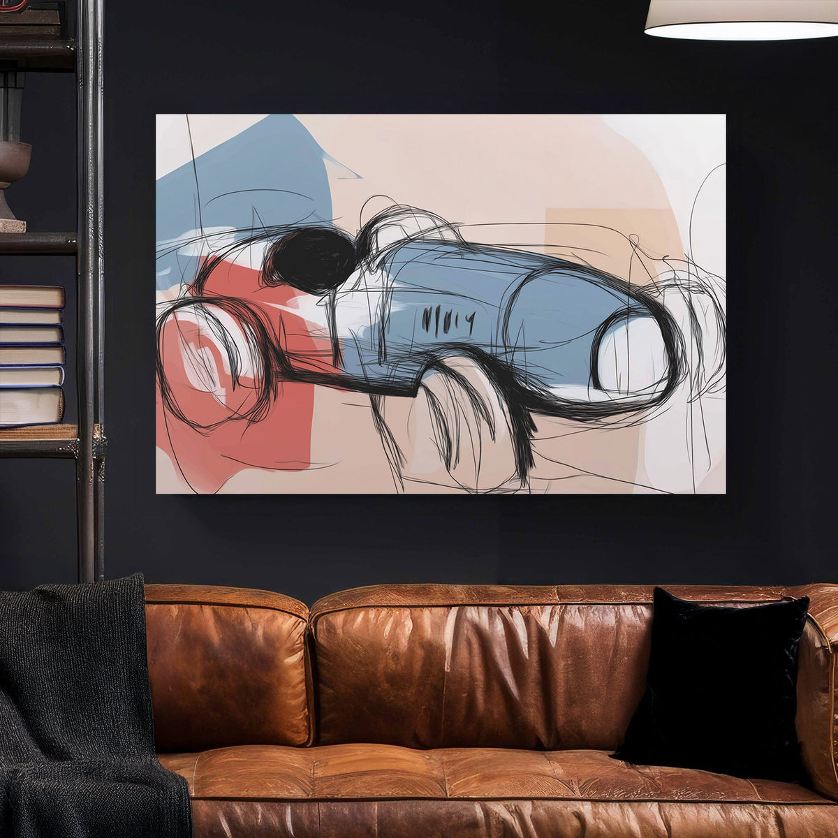 abstract sketch of a vintage blue and red race car on soft beige background