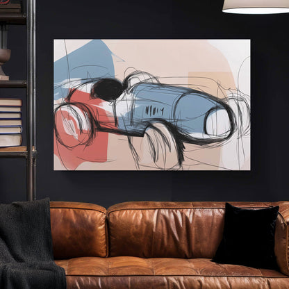abstract sketch of a vintage blue and red race car on soft beige background