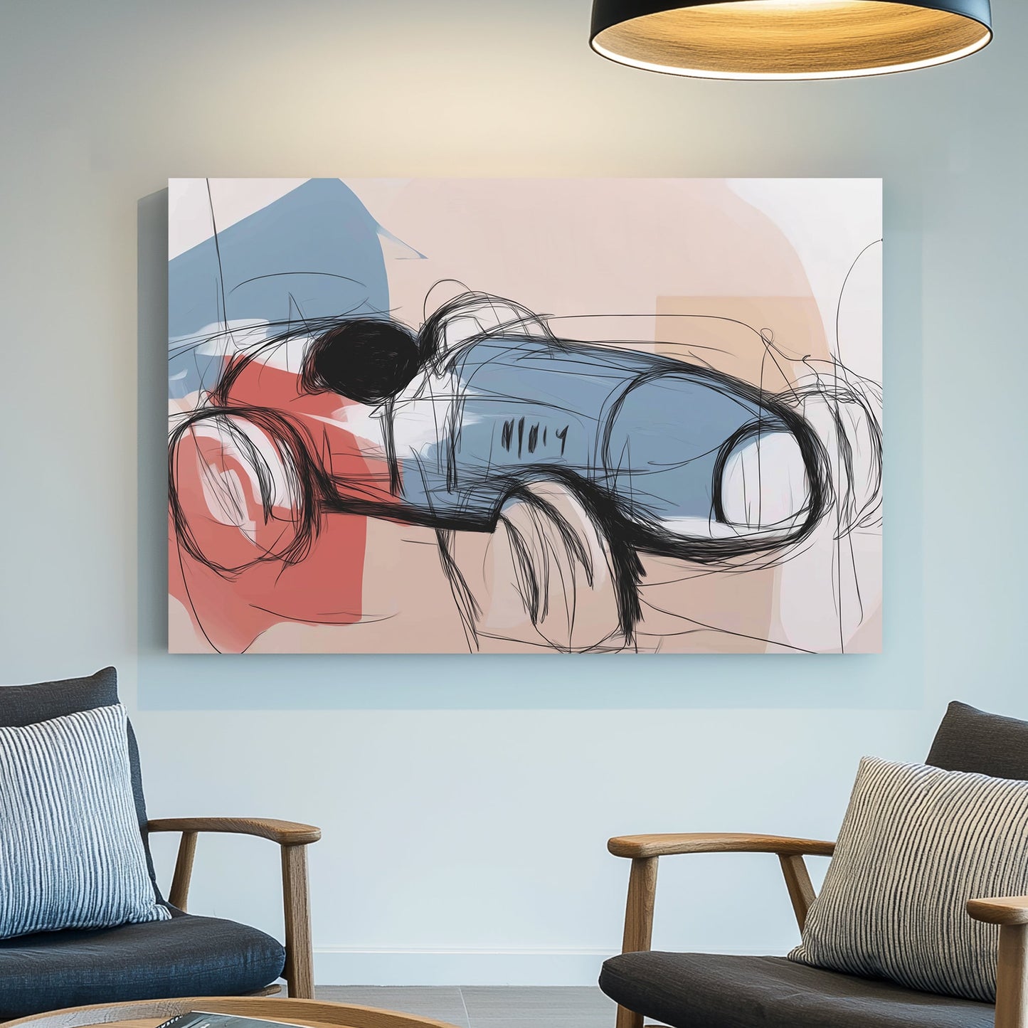 abstract sketch of a vintage blue and red race car on soft beige background