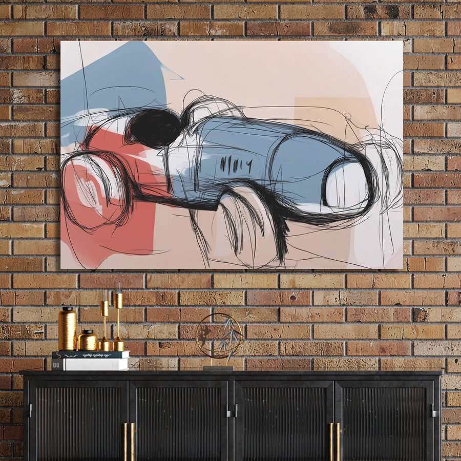 abstract sketch of a vintage blue and red race car on soft beige background