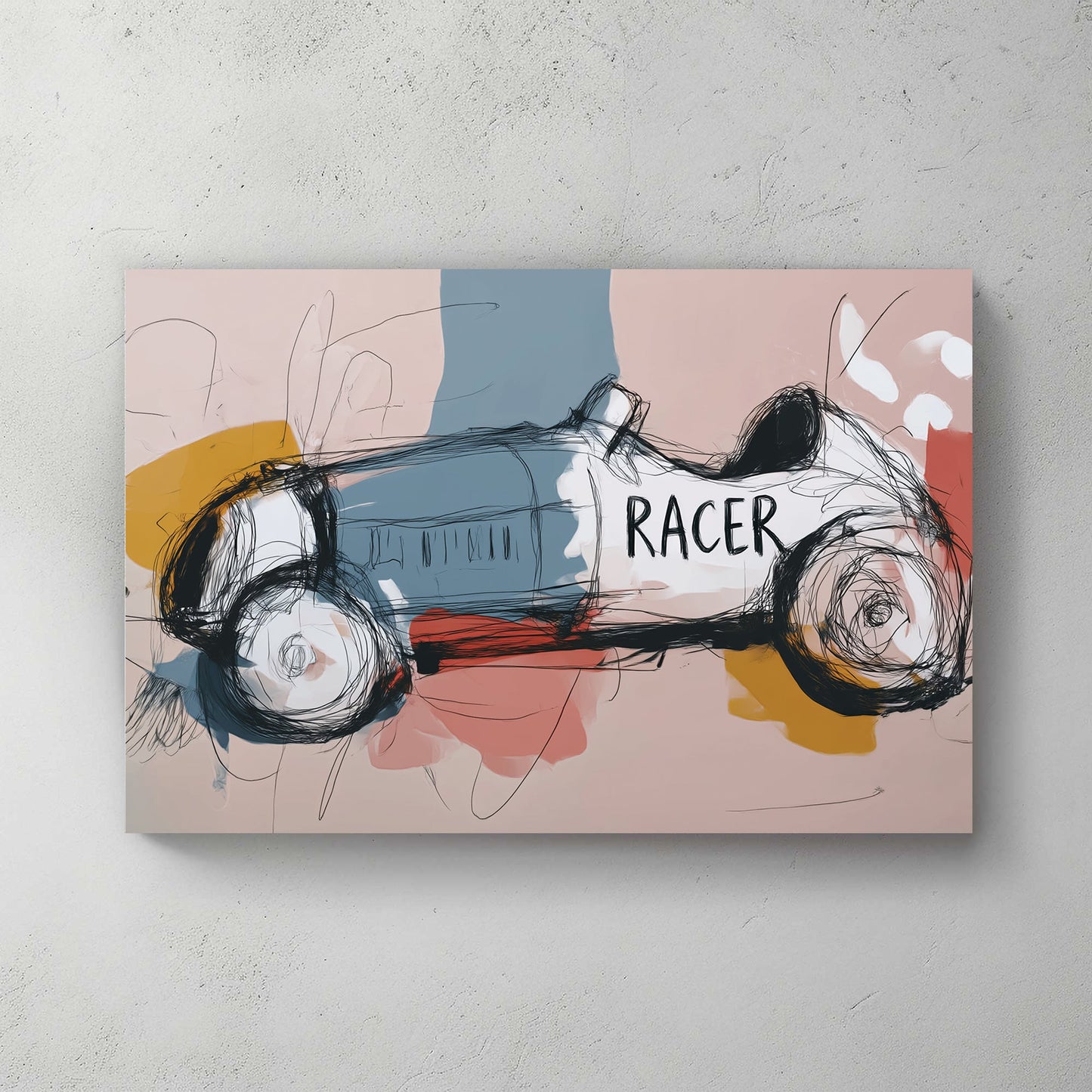 minimal abstract sketch of a vintage race car with the word "RACER" on its side