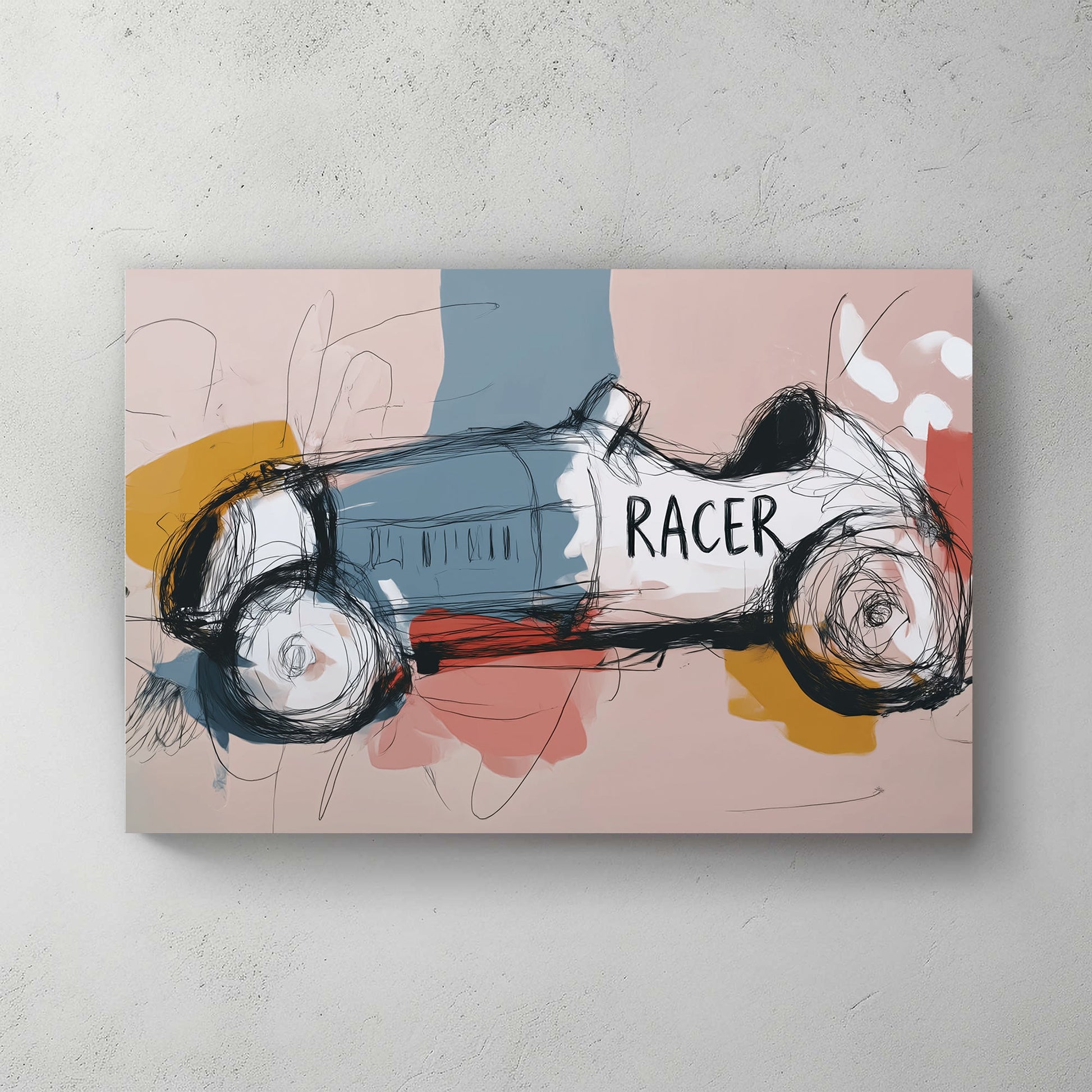 minimal abstract sketch of a vintage race car with the word "RACER" on its side