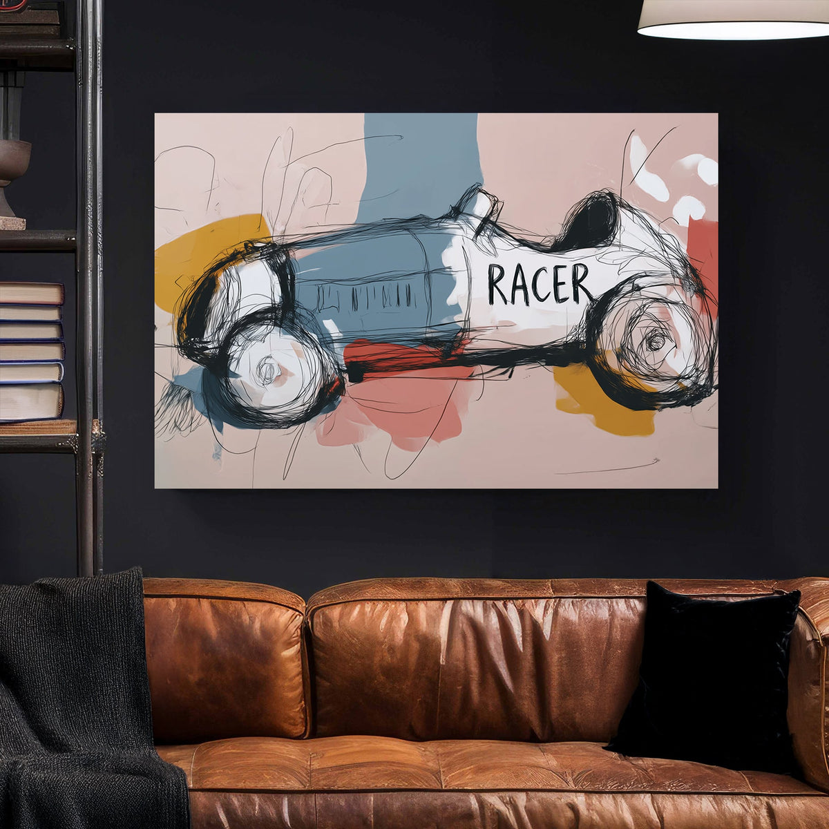 minimal abstract sketch of a vintage race car with the word "RACER" on its side