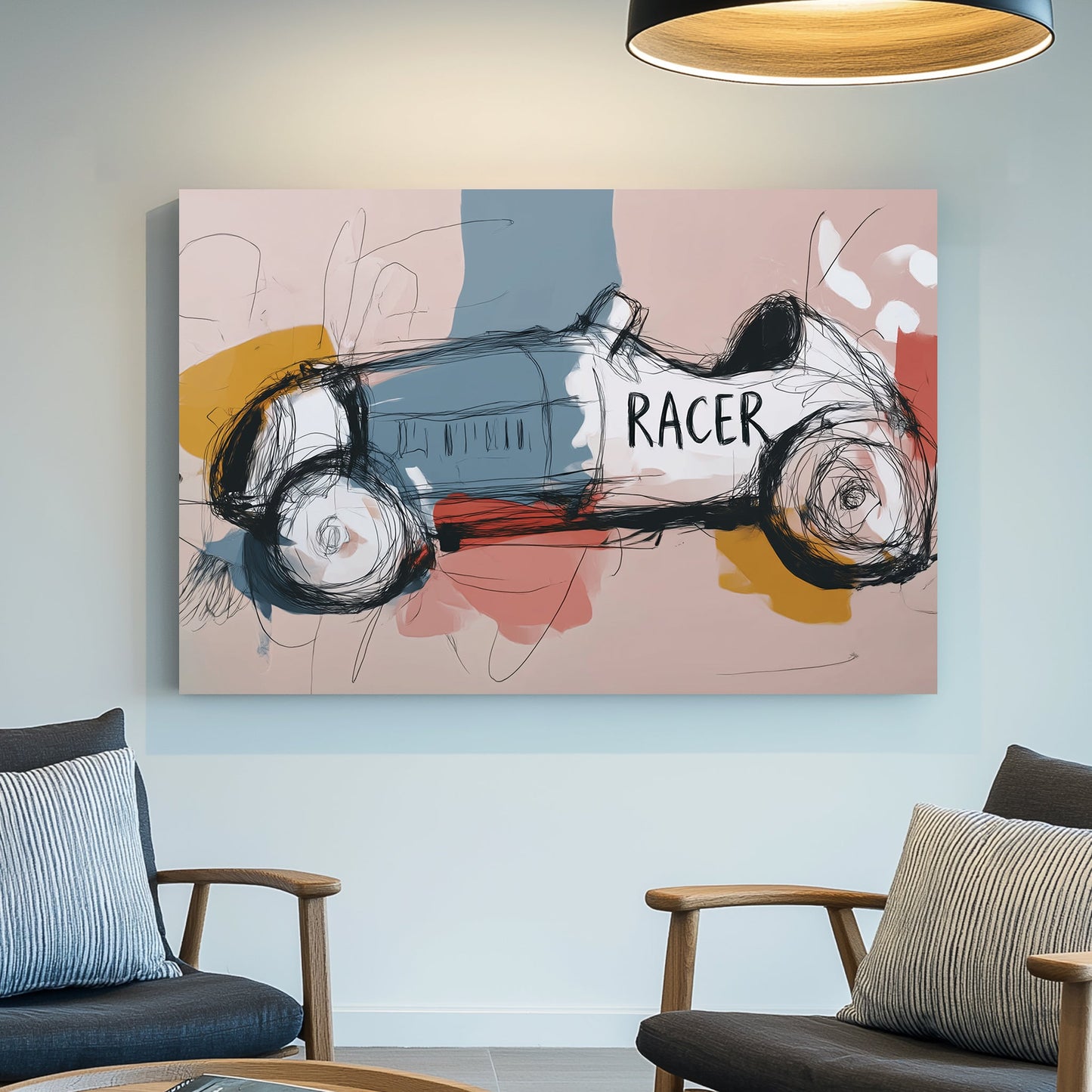 minimal abstract sketch of a vintage race car with the word "RACER" on its side