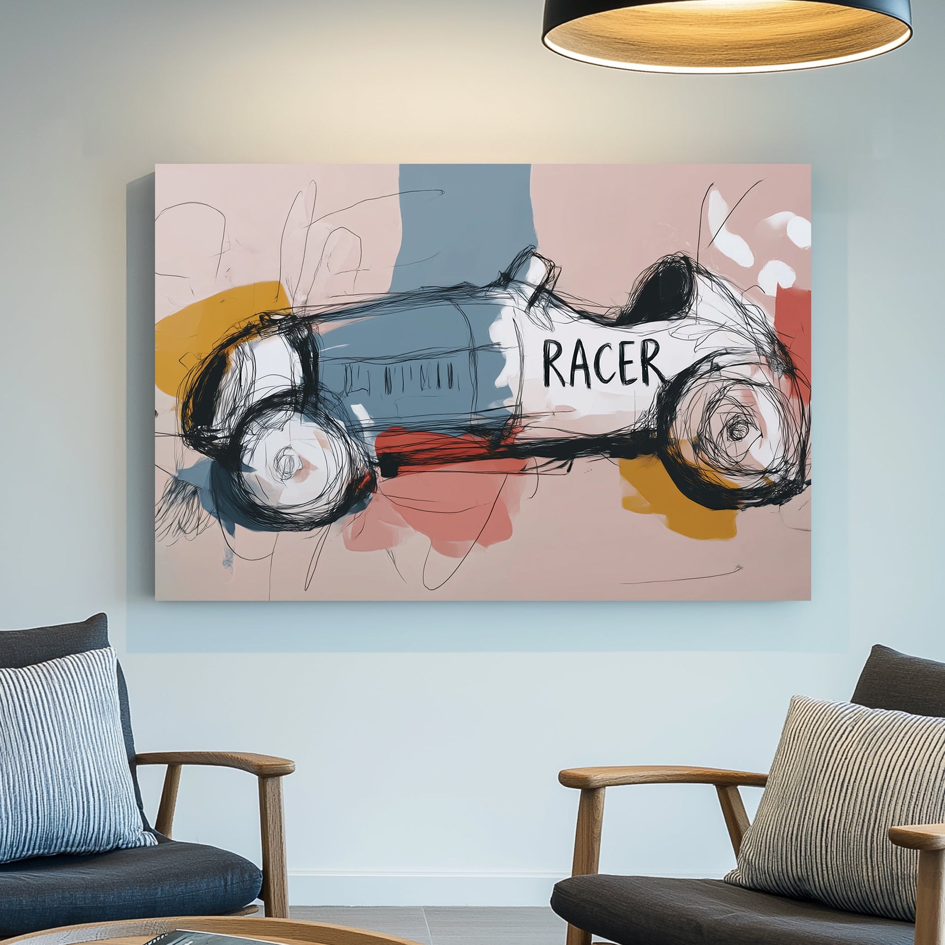 minimal abstract sketch of a vintage race car with the word "RACER" on its side