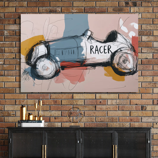 minimal abstract sketch of a vintage race car with the word "RACER" on its side