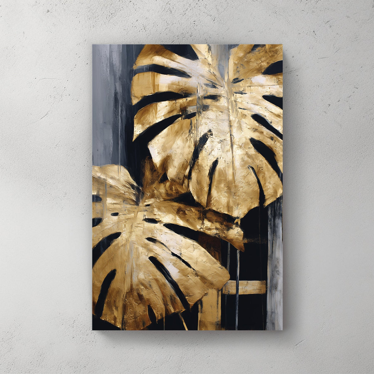 abstract gold monstera leaf painting on black and grey background