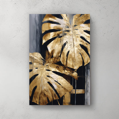 abstract gold monstera leaf painting on black and grey background