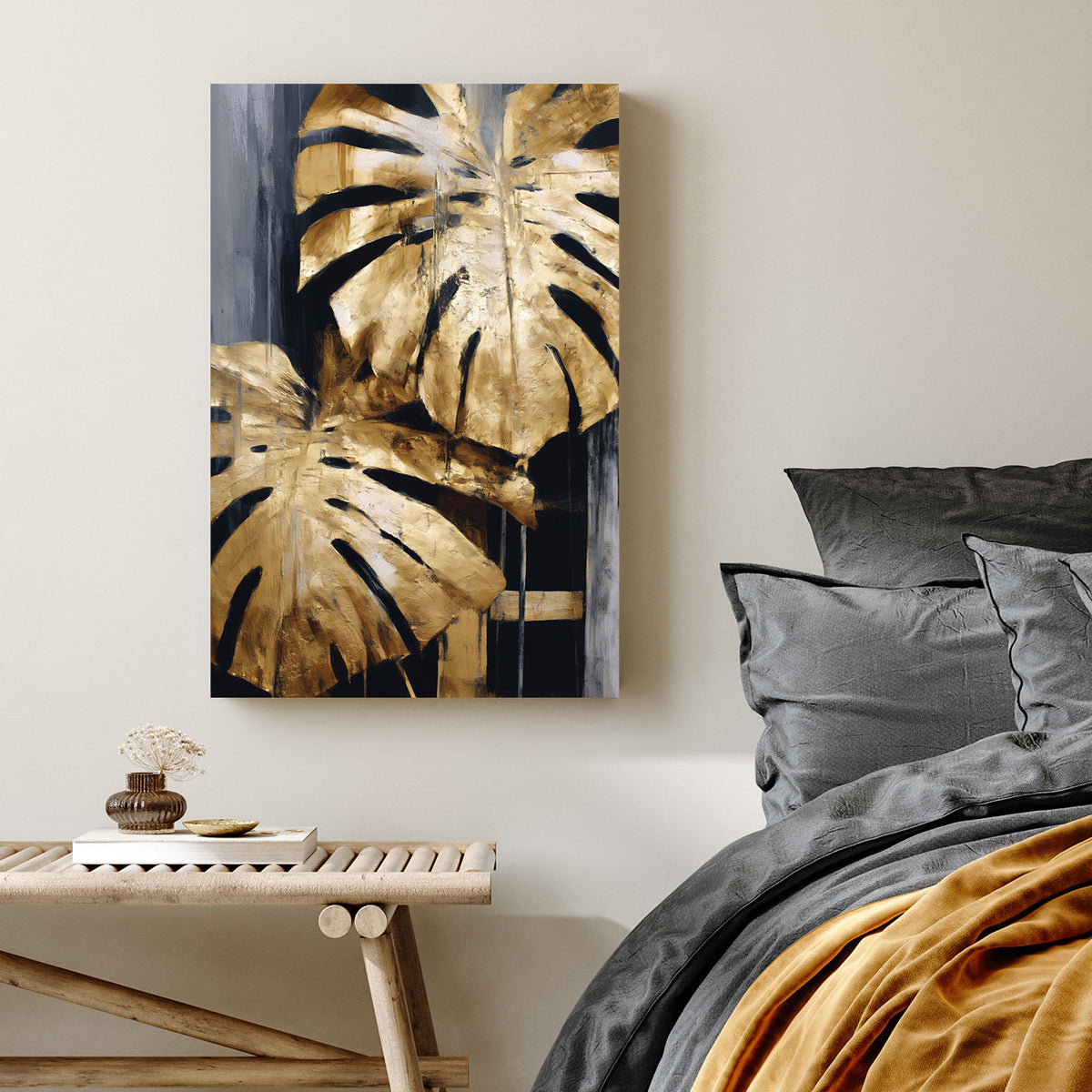 abstract gold monstera leaf painting on black and grey background
