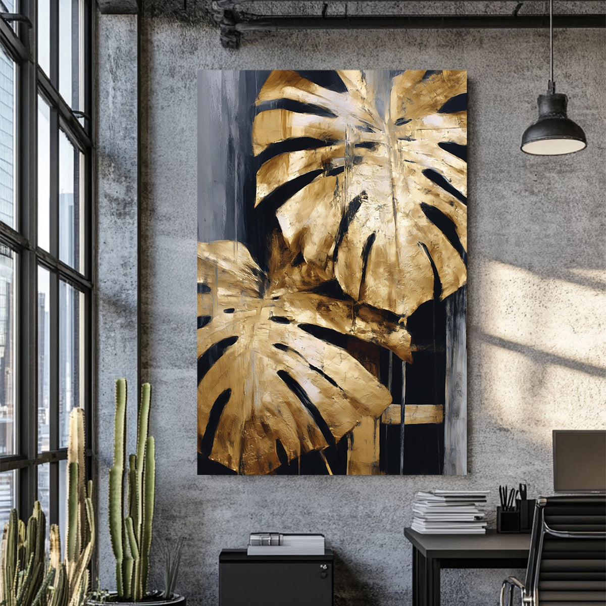 abstract gold monstera leaf painting on black and grey background