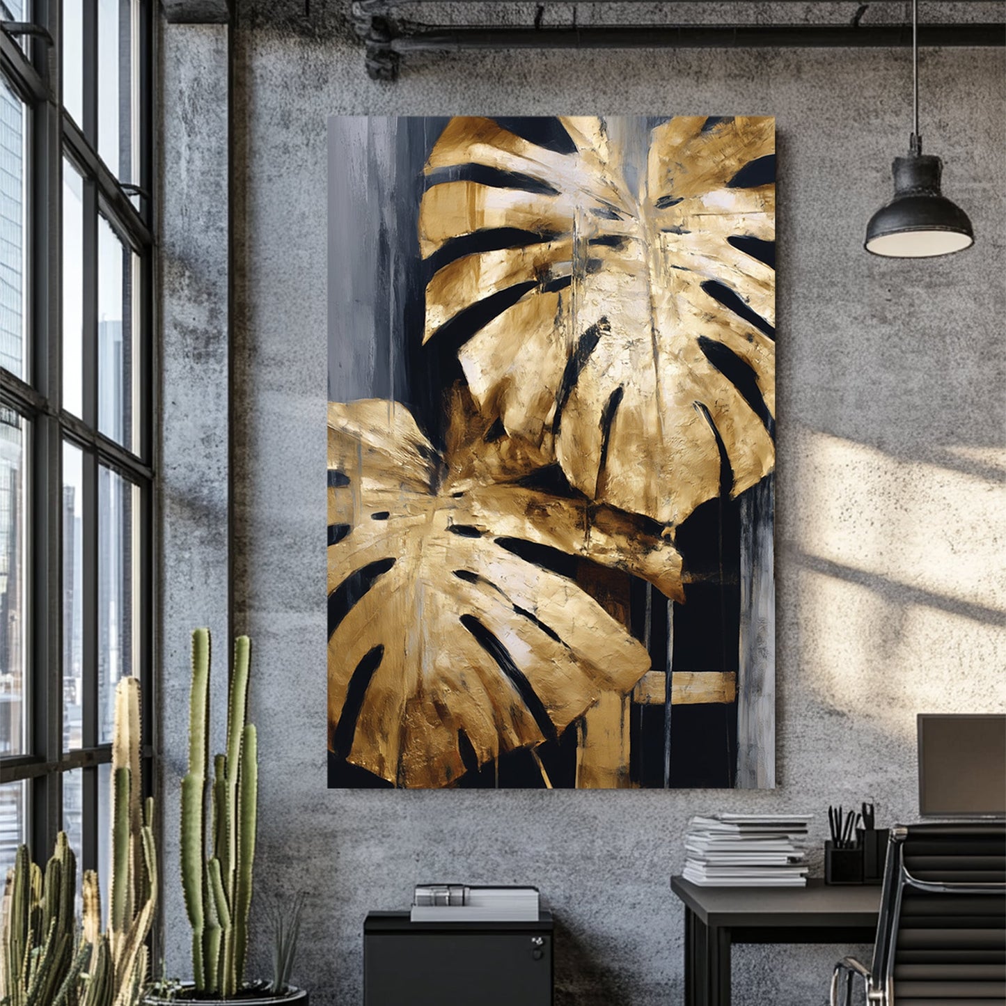 abstract gold monstera leaf painting on black and grey background