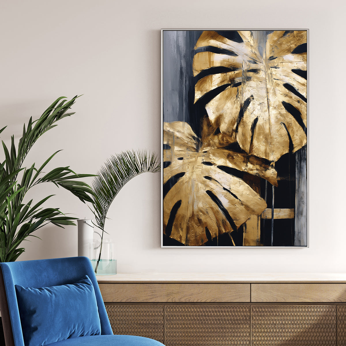 abstract gold monstera leaf painting on black and grey background