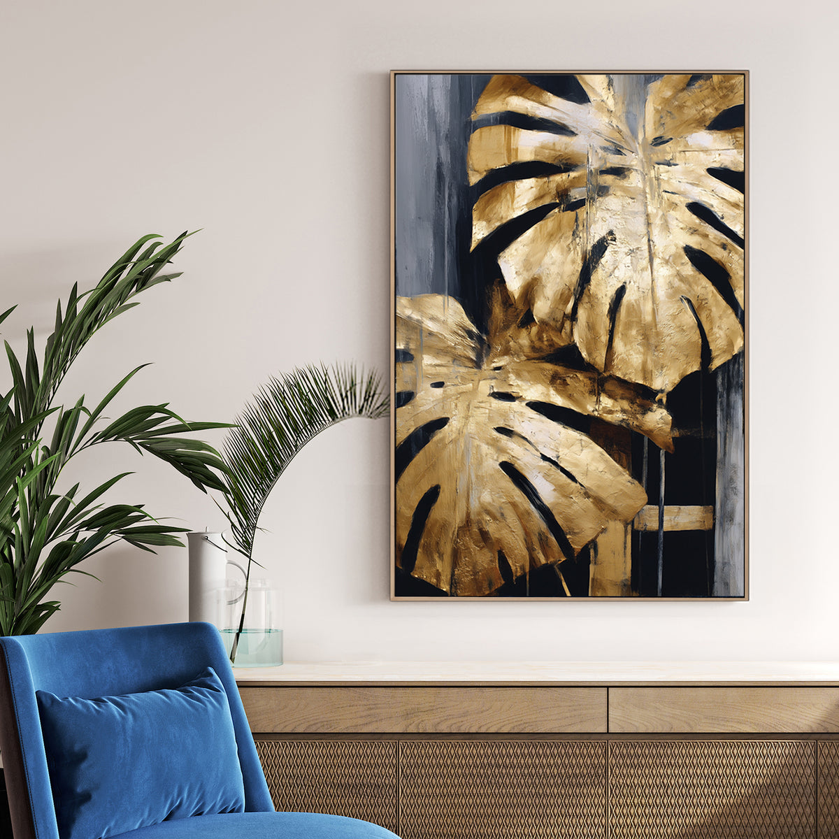 abstract gold monstera leaf painting on black and grey background