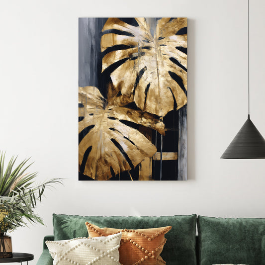 abstract gold monstera leaf painting on black and grey background