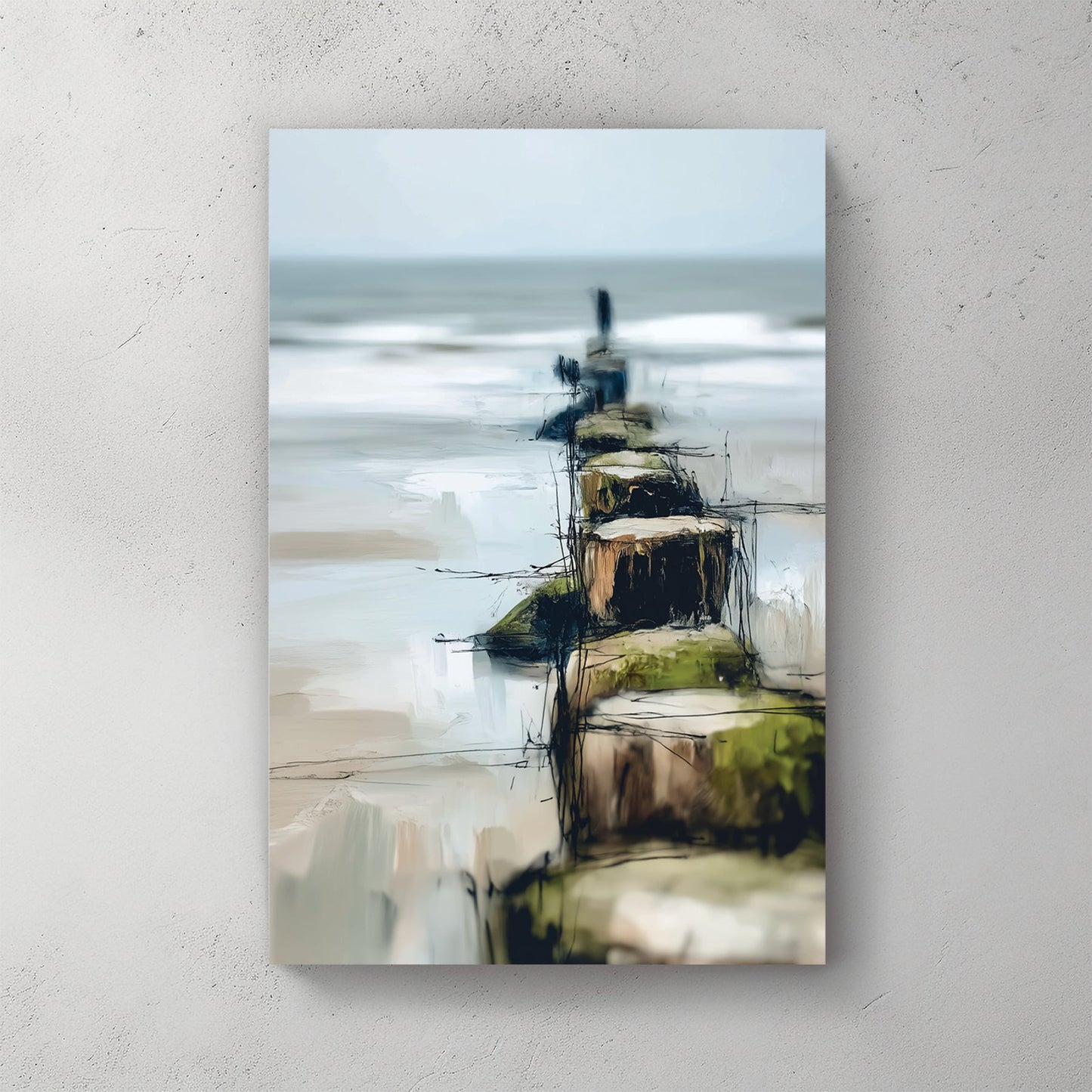 abstract coastal painting with wooden posts leading into the ocean