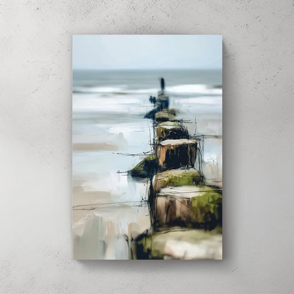abstract coastal painting with wooden posts leading into the ocean